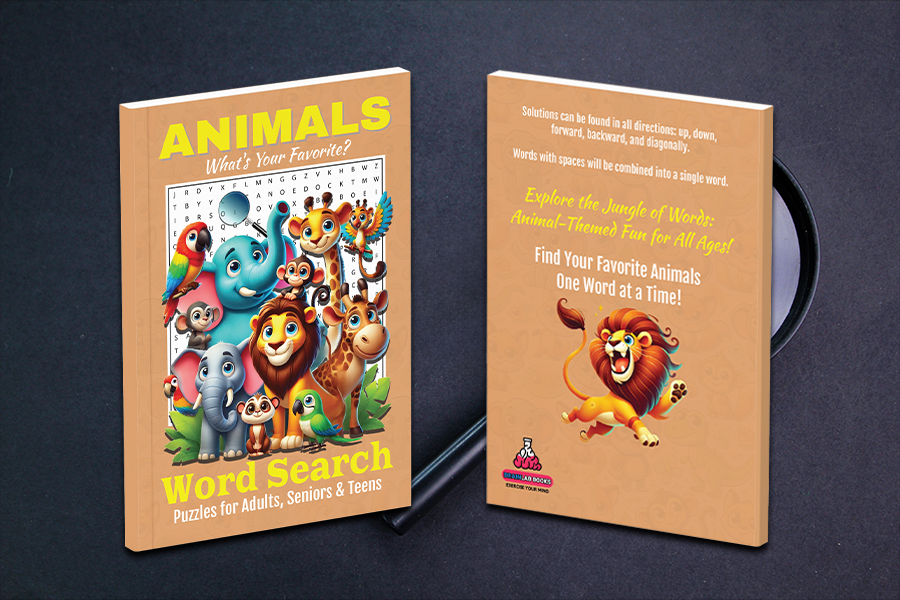Animals word search puzzle book designed for adults, seniors, and teens.